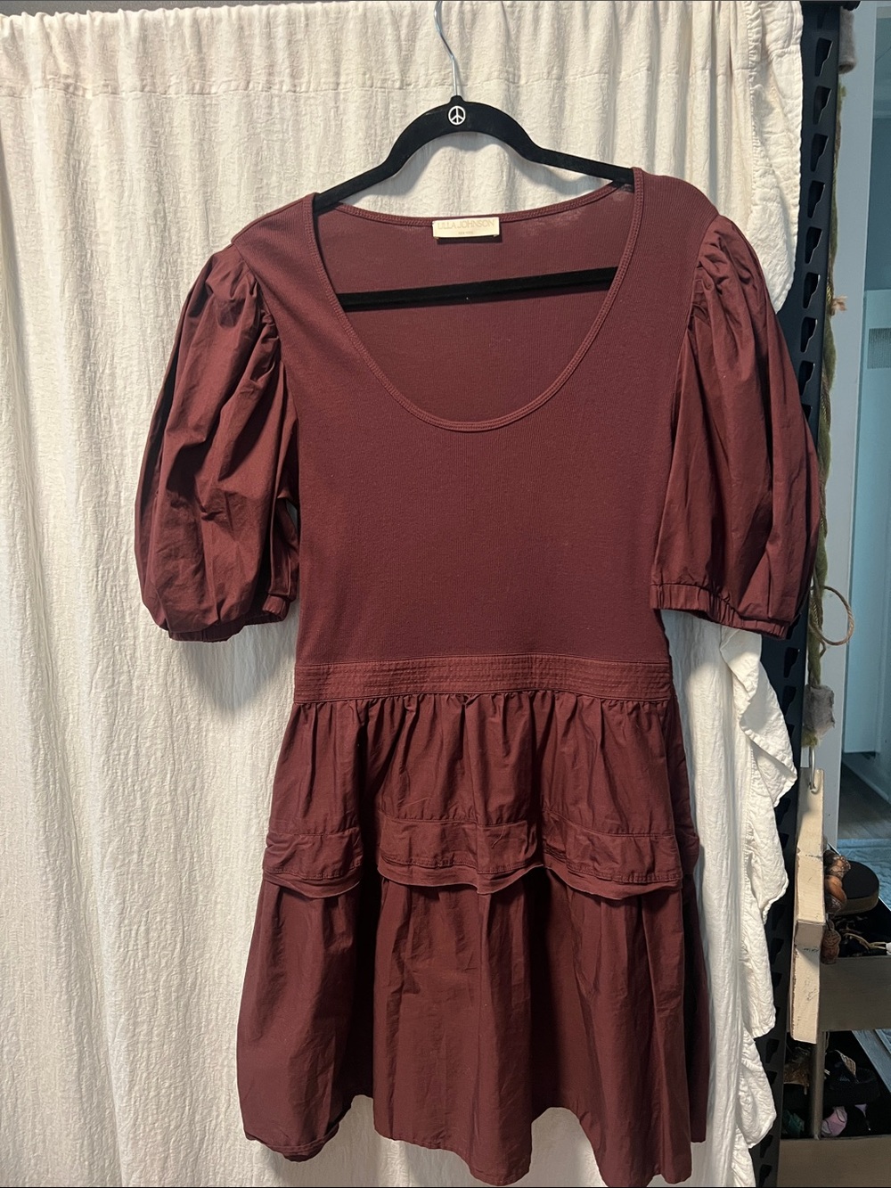 Ulla Johnson Maroon Puff Sleeve Tiered Mini Dress